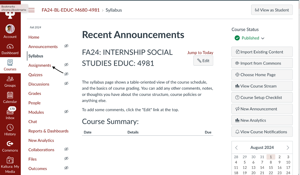 assignments tab