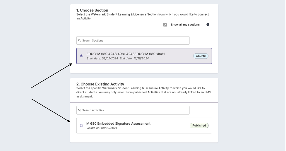 Choose section, choose activity